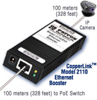 Photo shows CopperLink Model 2110 extending PoE 200 meters to an IP Camera