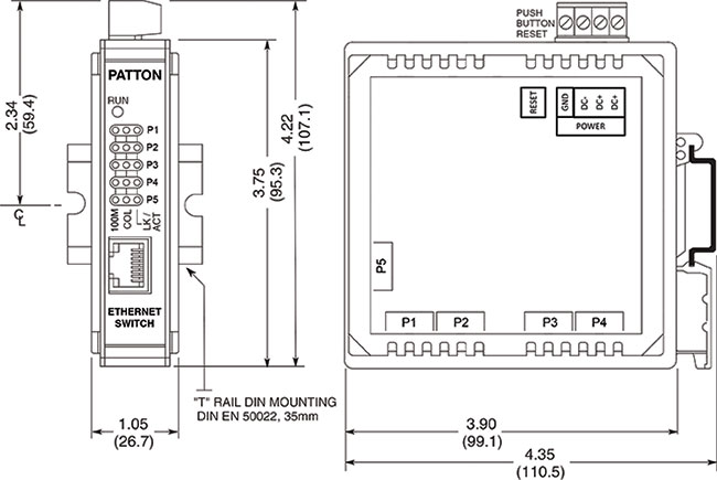 Class 1 Div 2 Ethernet Switch (Class 1 Division 2 Ethernet Switch). CT-1005EX Unmanaged 5-Port Industrial Ethernet Switch Line Drawing