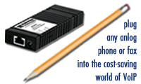 Photo of Patton's Micro-Analog Telephone Adapter (M-ATA). Plug any analog phone or fax into the 
                      COST-SAVING world of VoIP.