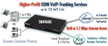Higher Profit ISDN VoIP-Trunking Services. Drawing shows SmartNode 4960G PRI VoIP IAD with built-in 5.7 Mbps Internet access, up to 4 PRIs, up to 120 VoIP calls and PSTN breakout and lifeline.